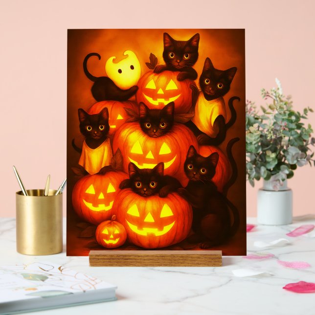 Glowing Halloween Pumpkin with Cute Black Cat Acrylic Sign (Wedding)
