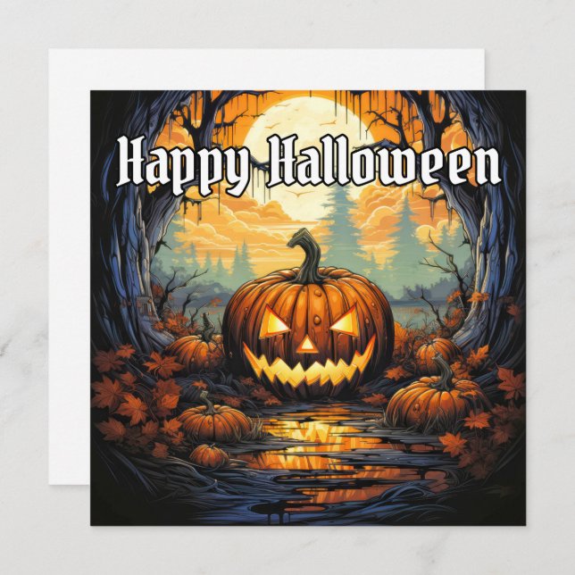Glowing Happy Halloween Pumpkin Card (Front/Back)