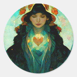 Glowing Heart Woman Fantasy Sci-Fi Classic Round Sticker