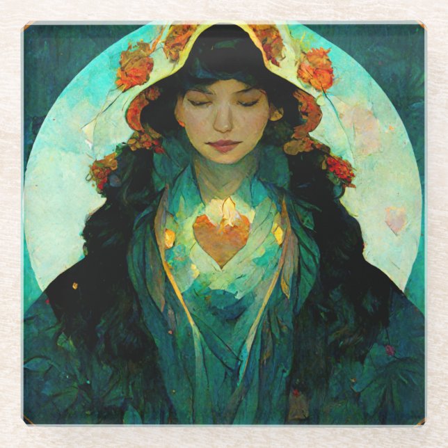 Glowing Heart Woman Fantasy Sci-Fi Glass Coaster (Front)