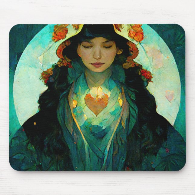 Glowing Heart Woman Fantasy Sci-Fi Mouse Mat (Front)