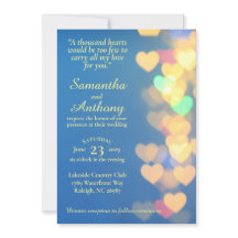 Glowing Hearts on Blue Elegant Wedding Invitation