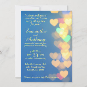 Glowing Hearts on Blue Elegant Wedding Invitation