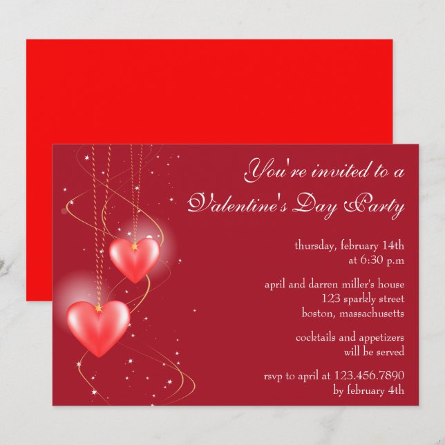 Glowing Hearts Red Valentine's Day Party Invite (Front/Back)