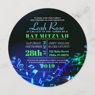 Glowing Hebrew Letters & Musical Notes Bat Mitzvah Invitation