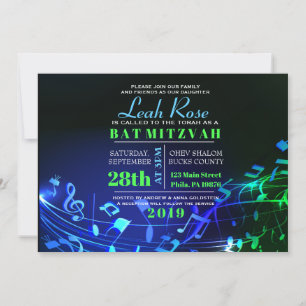 Glowing Hebrew Letters & Notes Bat Mitzvah Invitation