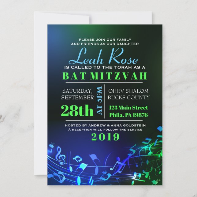 Glowing Hebrew Letters & Notes Bat Mitzvah Invitation (Front)