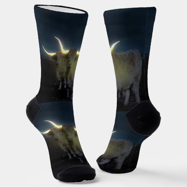 Glowing Highland Cows, Crew Socks (Angled)