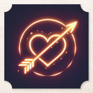 glowing image of a heart with cupid's arrow paper coaster