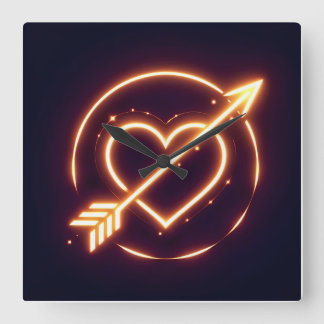 glowing image of a heart with cupid's arrow square wall clock