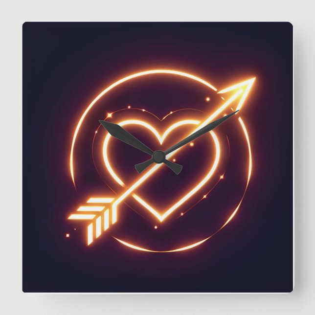 glowing image of a heart with cupid's arrow square wall clock (Front)