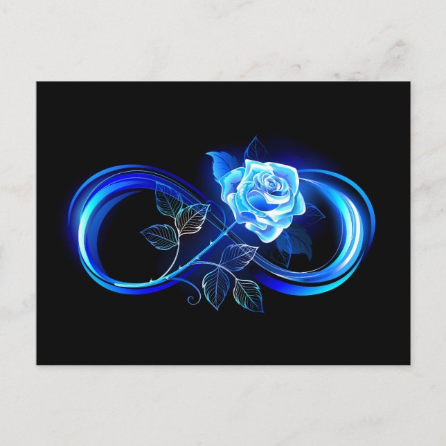 Glowing infinity with blue rose announcement postcard (Front)