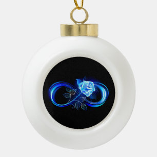 Glowing infinity with blue rose ceramic ball christmas ornament