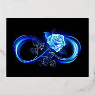 Glowing infinity with blue rose foil holiday card