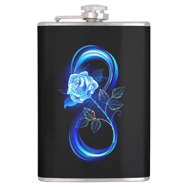Glowing infinity with blue rose hip flask (Front)