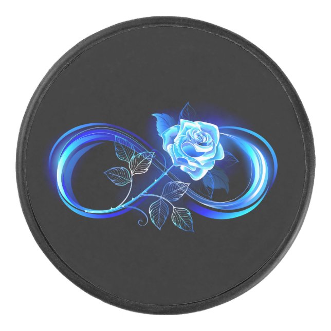 Glowing infinity with blue rose hockey puck (Front)