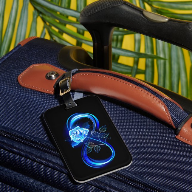 Glowing infinity with blue rose luggage tag (Front Insitu 1)