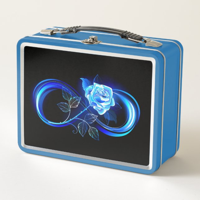 Glowing infinity with blue rose metal lunch box (Front)