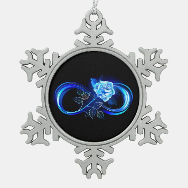 Glowing infinity with blue rose snowflake pewter christmas ornament (Front)