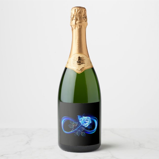 Glowing infinity with blue rose sparkling wine label (Front)