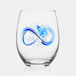 Glowing infinity with blue rose stemless wine glass