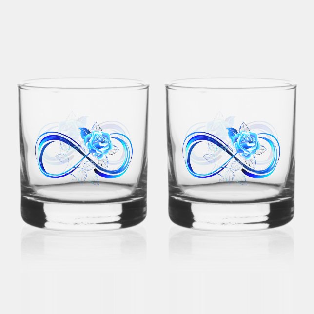 Glowing infinity with blue rose whiskey glass (Front)