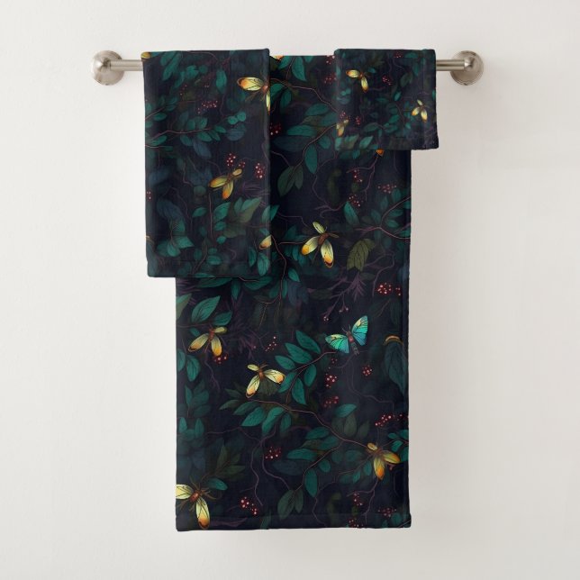 Glowing Insects on Dark Foliage Bath Towel Set (Insitu)