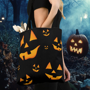 Glowing Jack-O-Lantern Faces Halloween Design Tote Bag