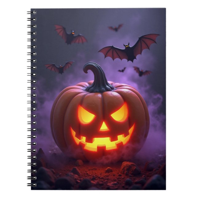 Glowing Jack O Lantern Haunted Pumpkin Night Bats Notebook (Front)