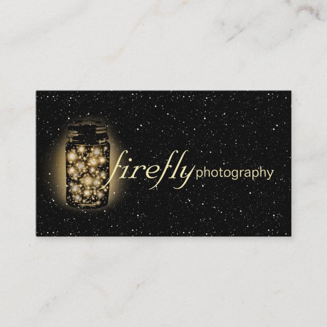 Glowing Jar Of Fireflies With Night Stars Black Business Card (Front)