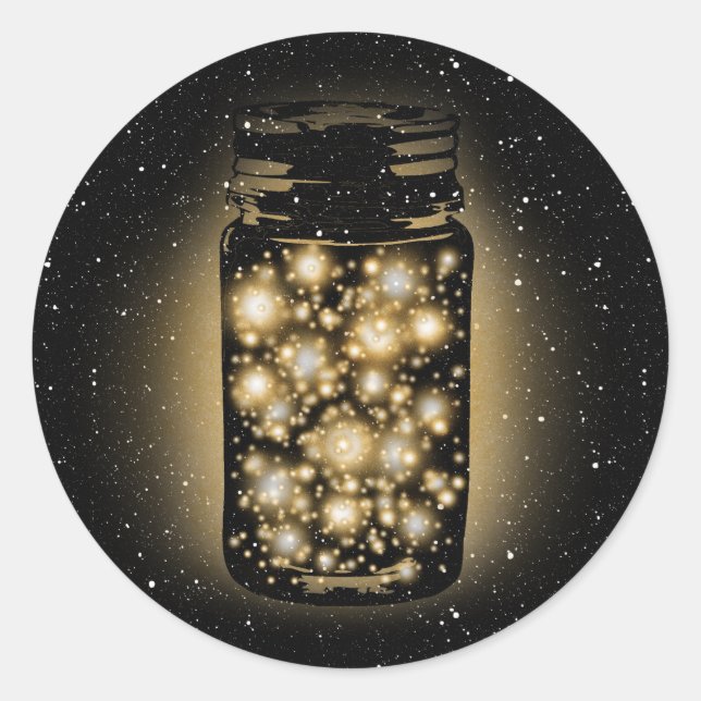 Glowing Jar Of Fireflies With Night Stars Classic Round Sticker (Front)