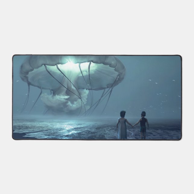Glowing jellyfish cloud over the ocean beach desk mat (Front)