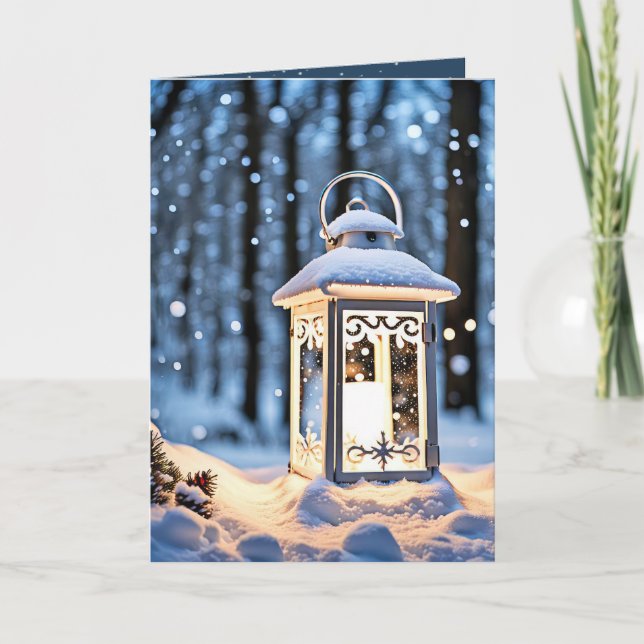 Glowing Lantern In Snowflakes Holiday Card (Front)