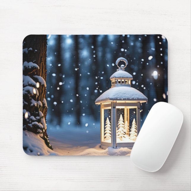 Glowing Lantern In Snowflakes Mouse Mat (With Mouse)