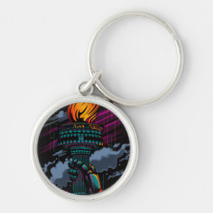 Glowing Liberty Torch Rain Scene New York City Art Key Ring