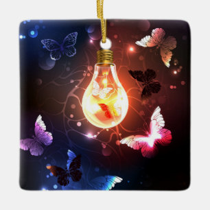Glowing Light Bulb with Night Butterflies Ceramic Ornament
