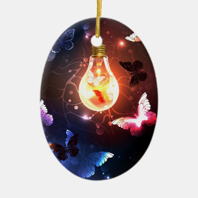 Glowing Light Bulb with Night Butterflies Ceramic Tree Decoration (Front)