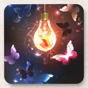 Glowing Light Bulb with Night Butterflies Coaster