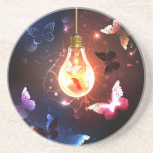 Glowing Light Bulb with Night Butterflies Coaster