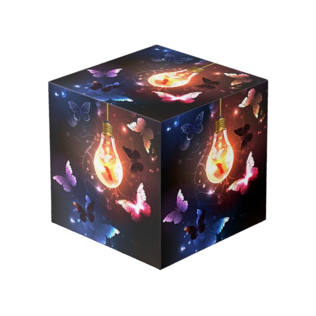 Glowing Light Bulb with Night Butterflies Cube (Front Angled)
