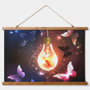 Glowing Light Bulb with Night Butterflies Hanging Tapestry