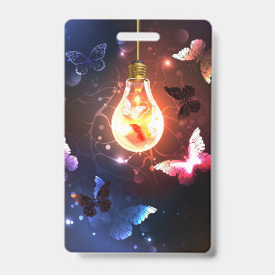 Glowing Light Bulb with Night Butterflies ID Badge