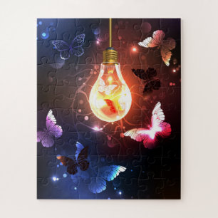 Glowing Light Bulb with Night Butterflies Jigsaw Puzzle