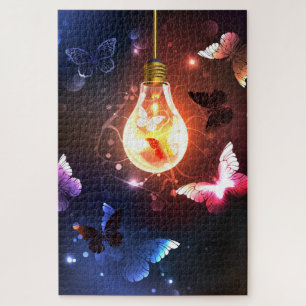 Glowing Light Bulb with Night Butterflies Jigsaw Puzzle