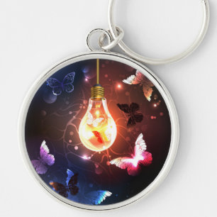 Glowing Light Bulb with Night Butterflies Key Ring