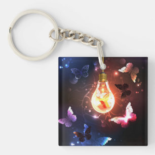 Glowing Light Bulb with Night Butterflies Key Ring