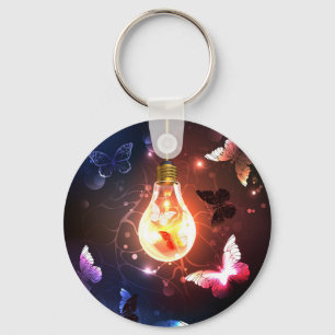 Glowing Light Bulb with Night Butterflies Key Ring
