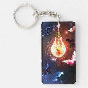 Glowing Light Bulb with Night Butterflies Key Ring