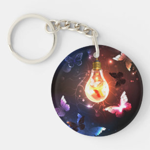 Glowing Light Bulb with Night Butterflies Key Ring
