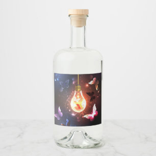 Glowing Light Bulb with Night Butterflies Liquor Bottle Label